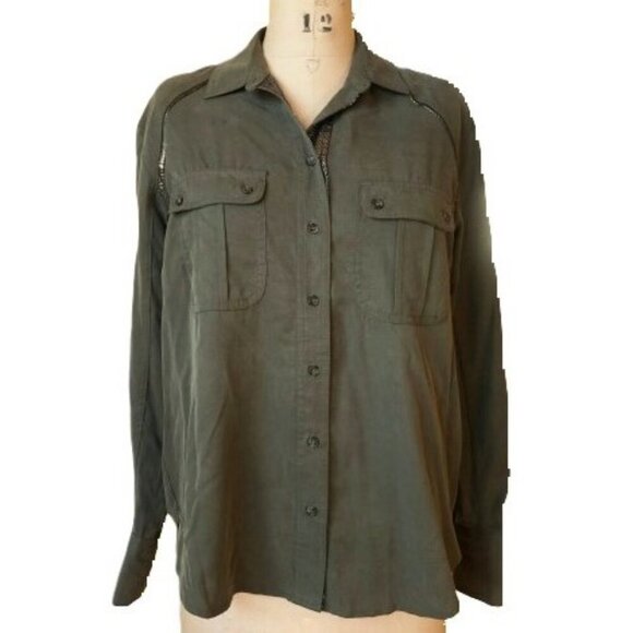 Free People Off Campus Shirt Moss Olive Metallic, utility boho army button down - Picture 3 of 16